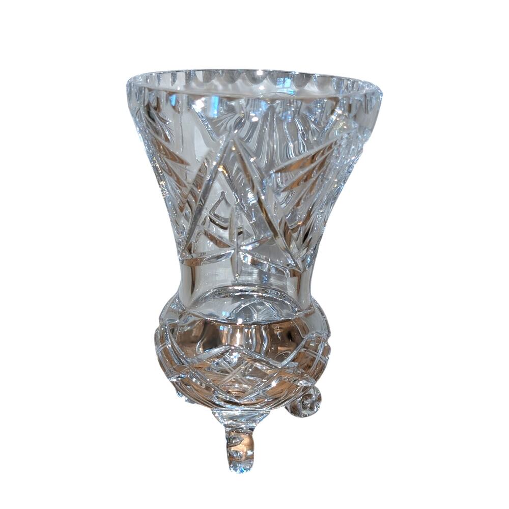 Gorgeous Vintage Cut Crystal Tripod Footed Scalloped Mouth Flower Vase - Picture 10 of 11
